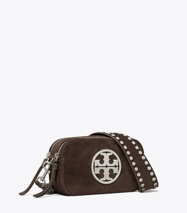 Tory Burch designer crossbody bags Mini Miller Crossbody Bag aus Wildleder in Shadow Oak angle