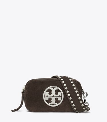Tory Burch designer crossbody bags Mini Miller Crossbody Bag aus Wildleder in Shadow Oak front