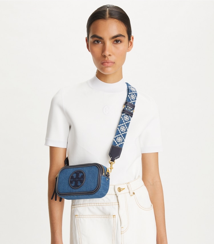 Tory Burch designer crossbody bags Mini Miller Denim Crossbody Bag in Denim Multi accessory on model