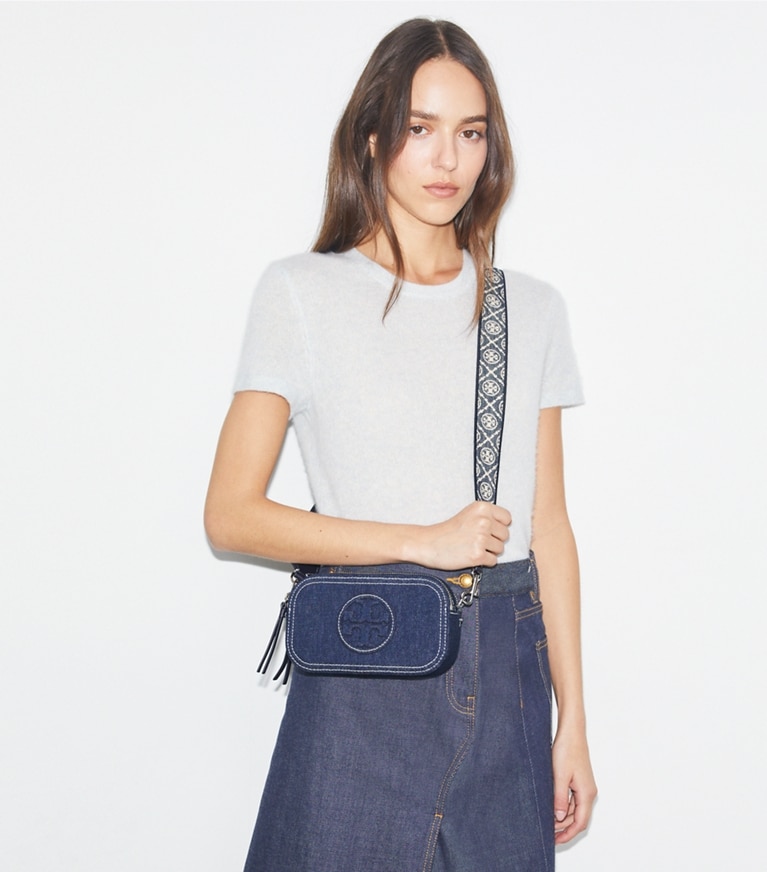 Tory Burch designer crossbody bags Mini Miller Denim Crossbody Bag in Royal Navy angle