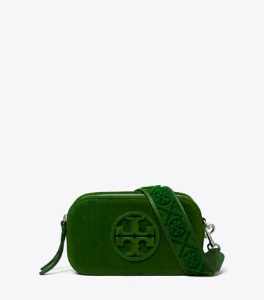 Tory Burch designer crossbody bags Mini Miller Flocked Crossbody Bag in Emerald front