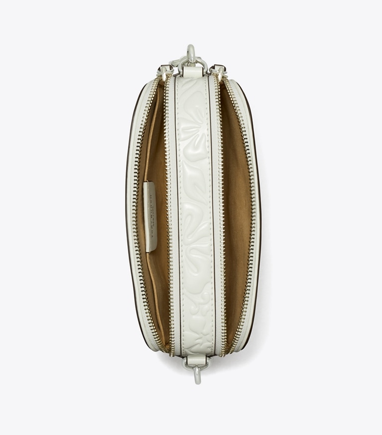 Tory Burch designer crossbody bags Mini Miller Floral Embossed Crossbody Bag in Blanc angle