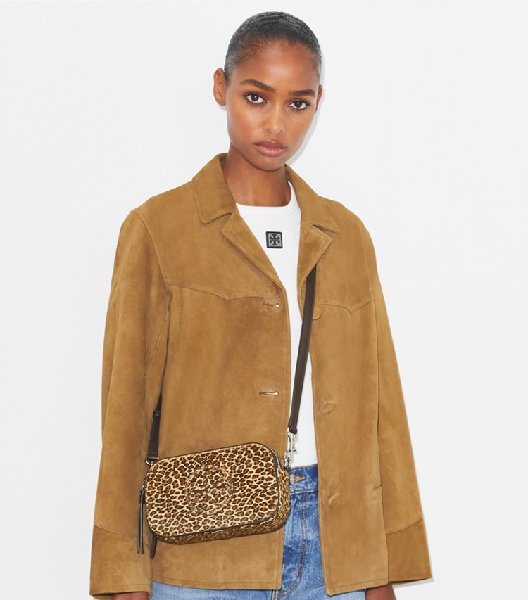Tory Burch designer crossbody bags Mini Miller Leopard-Print Crossbody Bag in Multi accessory on model