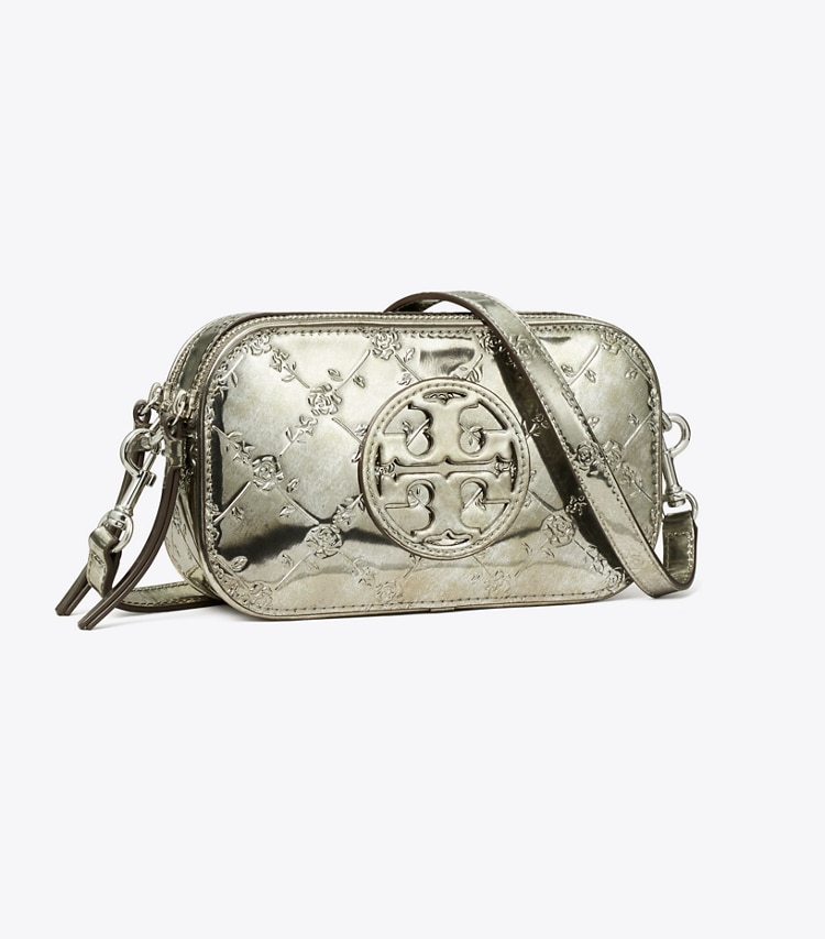 Tory Burch designer crossbody bags Mini Miller Metallic Floral-Embossed Crossbody Bag in Pewter angle