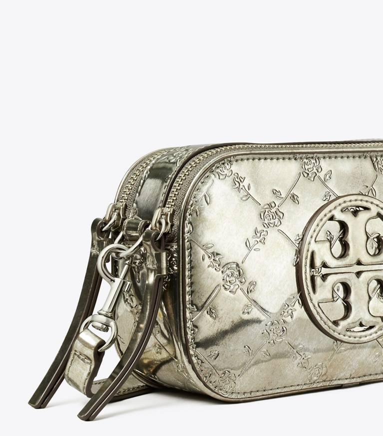 Tory Burch designer crossbody bags Mini Miller Metallic Floral-Embossed Crossbody Bag in Pewter angle