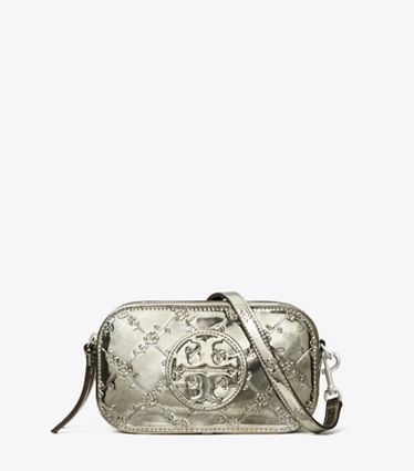 TORY BURCH Women’s Perforated Flap Metallic Silver Small Crossbody online Bag Purse