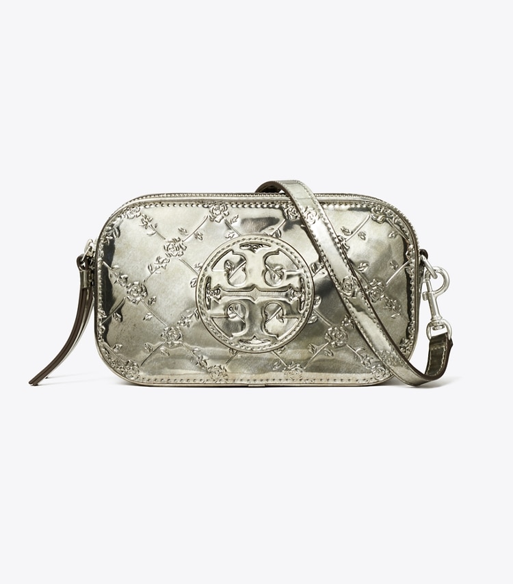 Tory Burch designer crossbody bags Mini Miller Metallic Floral-Embossed Crossbody Bag in Pewter front