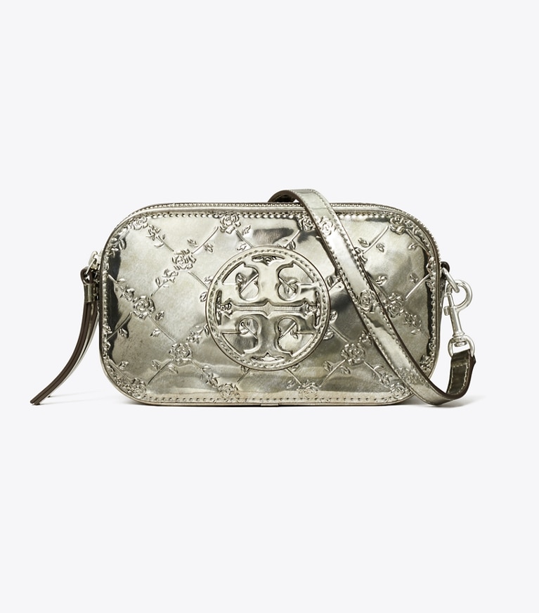 Tory Burch designer crossbody bags Mini Miller Metallic Floral-Embossed Crossbody Bag in Pewter angle