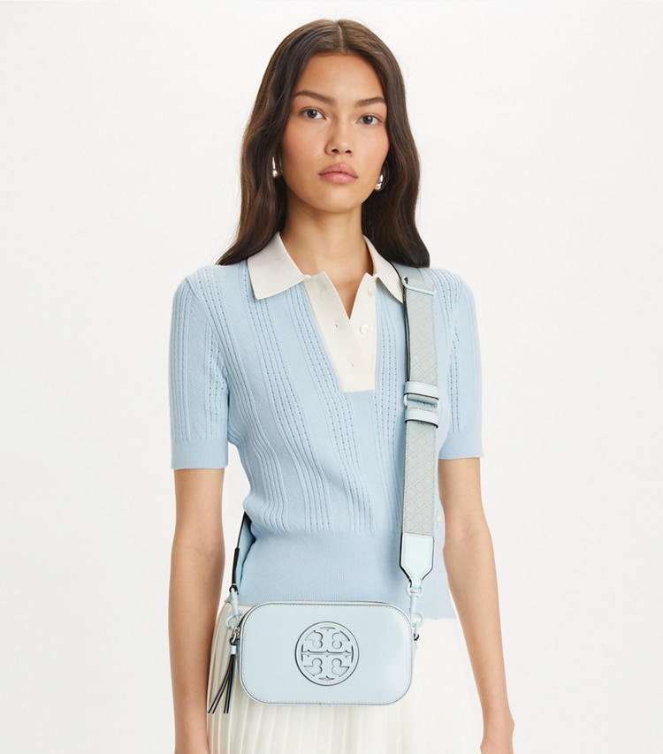 Tory Burch designer crossbody bags Mini Miller Monochromatic Crossbody Bag in Ice Blue accessory on model