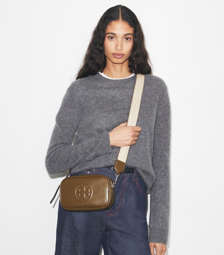 Tory Burch designer crossbody bags Mini Miller natuura™ Crossbody Bag in Dark Olive accessory on model