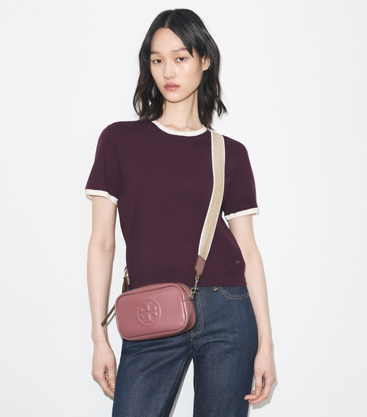 Tory Burch designer crossbody bags Mini Miller natuura™ Crossbody Bag in Mauve accessory on model