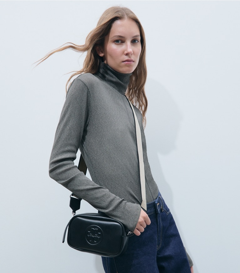 Tory Burch designer crossbody bags Mini Miller natuura™ Crossbody Bag in BLACK accessory on model