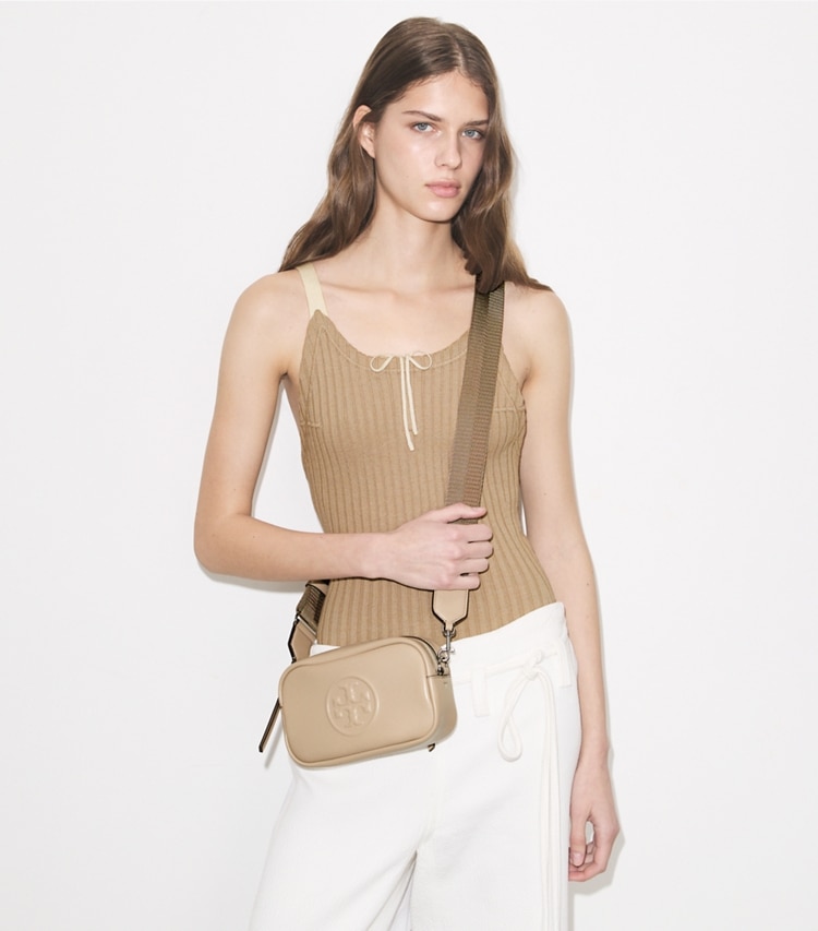 Tory Burch designer crossbody bags Mini Miller natuura™ Crossbody Bag in Light Stone accessory on model