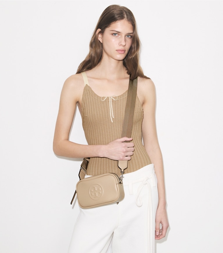 Tory Burch designer crossbody bags Mini Miller natuura™ Crossbody Bag in Light Stone accessory on model