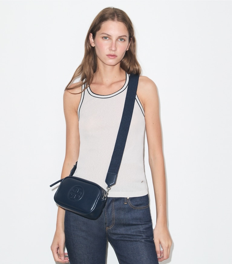 Tory Burch designer crossbody bags Mini Miller natuura™ Crossbody Bag in NEW NAVY accessory on model