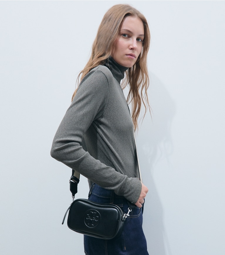 Tory Burch designer crossbody bags Mini Miller natuura™ Crossbody Bag in BLACK additional on model