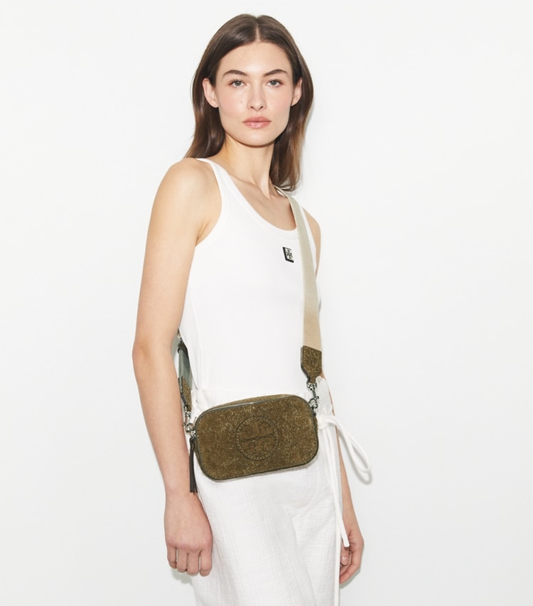 Tory Burch designer crossbody bags Mini Miller Shaggy Suede Crossbody Bag in Dark Oak accessory on model