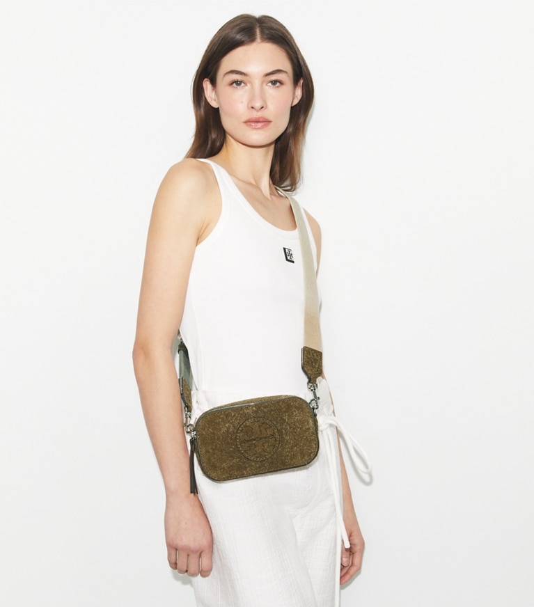 Tory Burch designer crossbody bags Mini Miller Shaggy Suede Crossbody Bag in Dark Oak angle