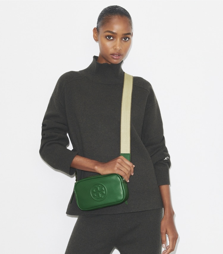 Tory Burch designer crossbody bags Mini Miller Soft Crossbody Bag in Dark Kale accessory on model