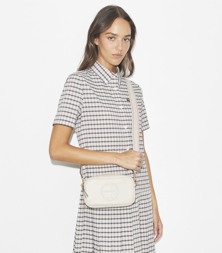 Tory Burch designer crossbody bags Mini Miller Soft Crossbody Bag in Light Stone accessory on model