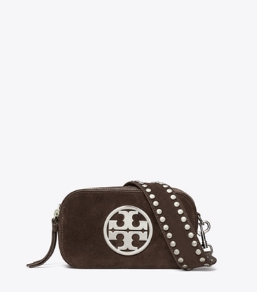 Tory Burch designer crossbody bags Mini Miller Suede Crossbody Bag in Shadow Oak front
