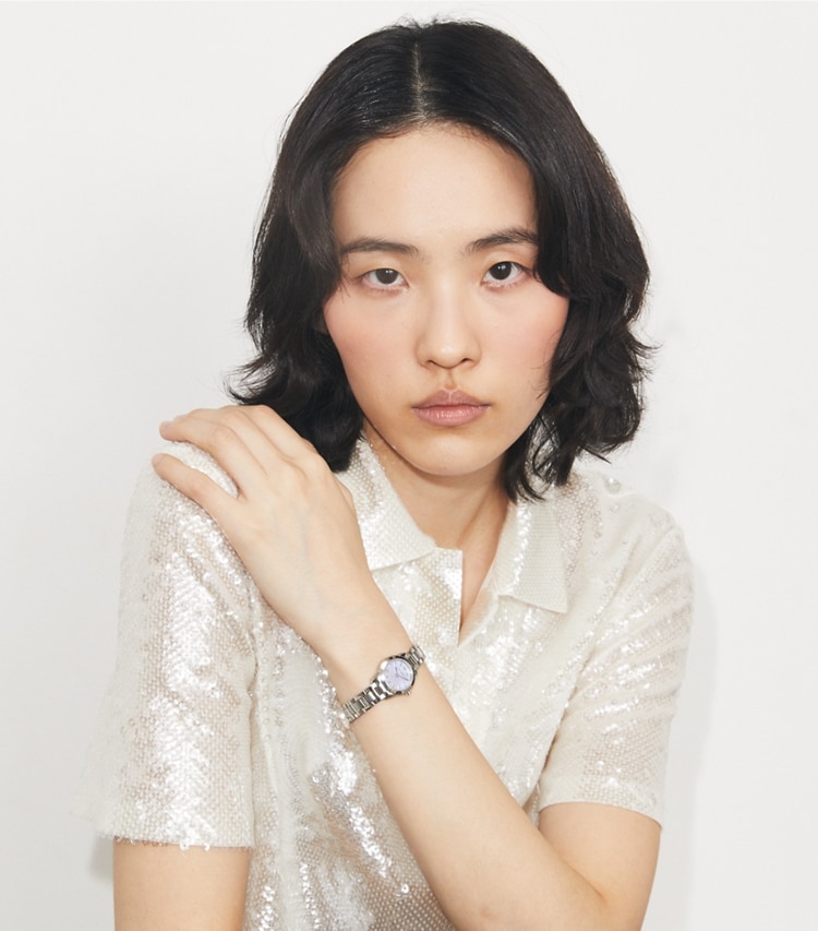 Tory Burch designer strap watches Mini Miller Watch in LILAC/SILVER accessory on model