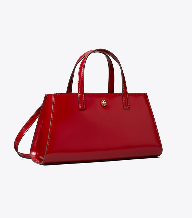 Tory Burch designer crossbody bags Mini Patent Leather Tote in Bartlett Red angle