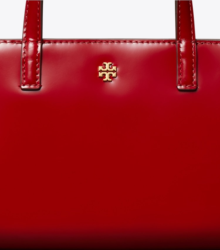 Tory Burch designer crossbody bags Mini Patent Leather Tote in Bartlett Red detail