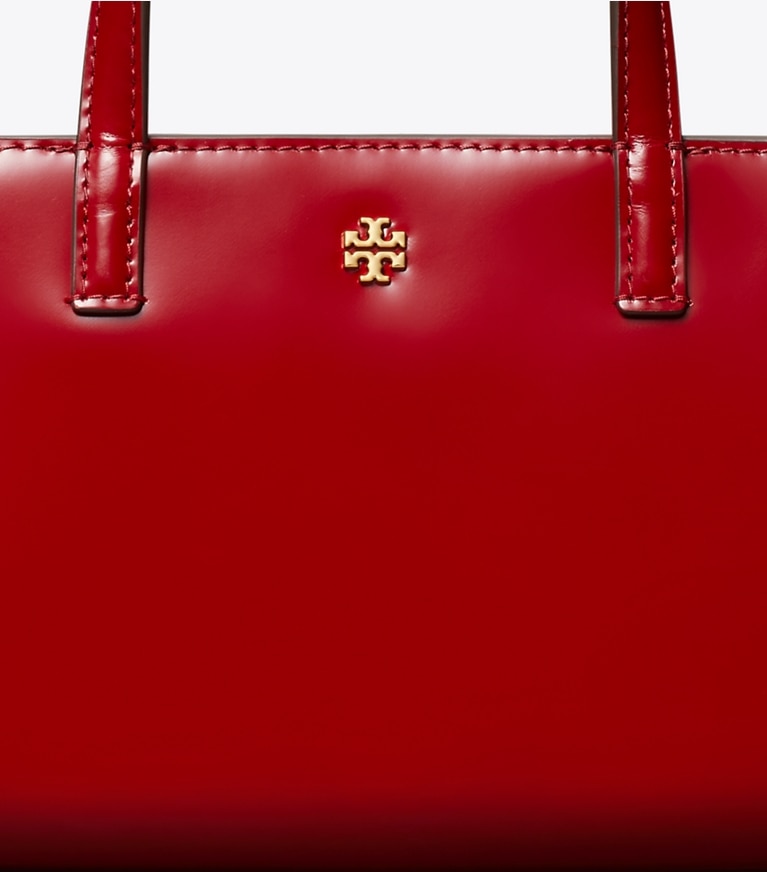 Tory Burch designer crossbody bags Mini Patent Leather Tote in Bartlett Red detail