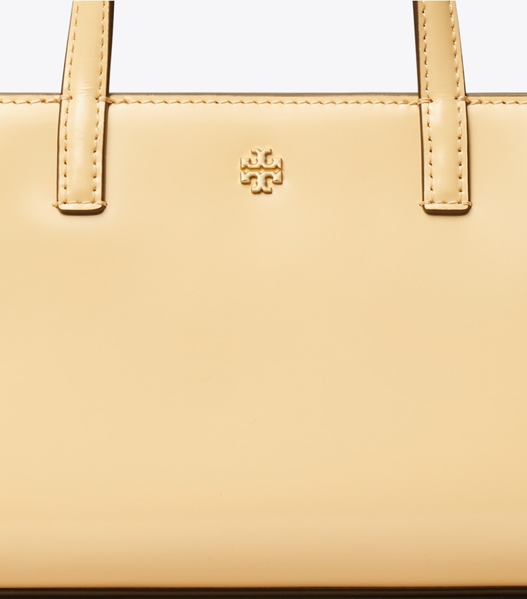 Tory Burch designer crossbody bags Mini Patent Leather Tote in Buff detail