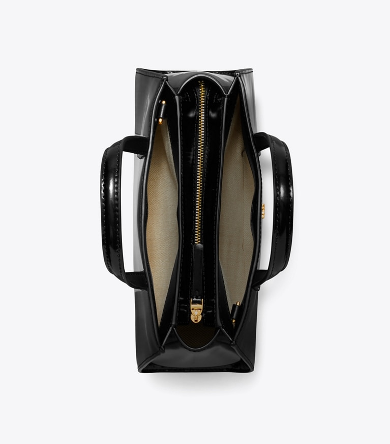 Tory Burch designer crossbody bags Mini Patent Leather Tote in BLACK overhead