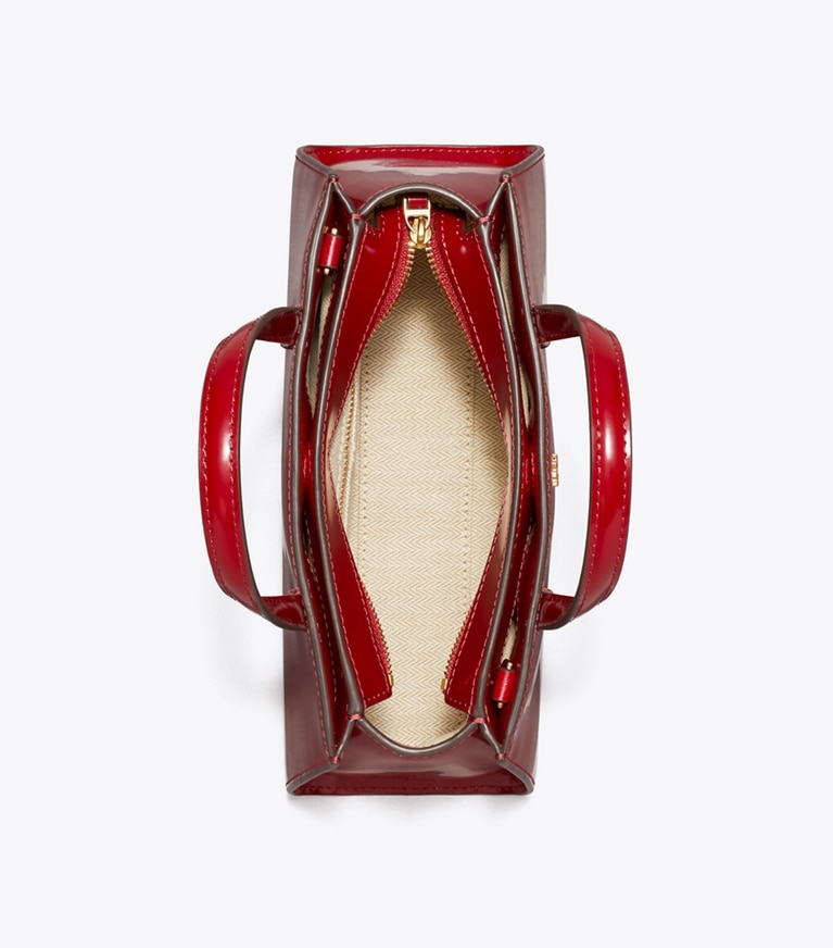 Tory Burch designer crossbody bags Mini Patent Leather Tote in Bartlett Red overhead