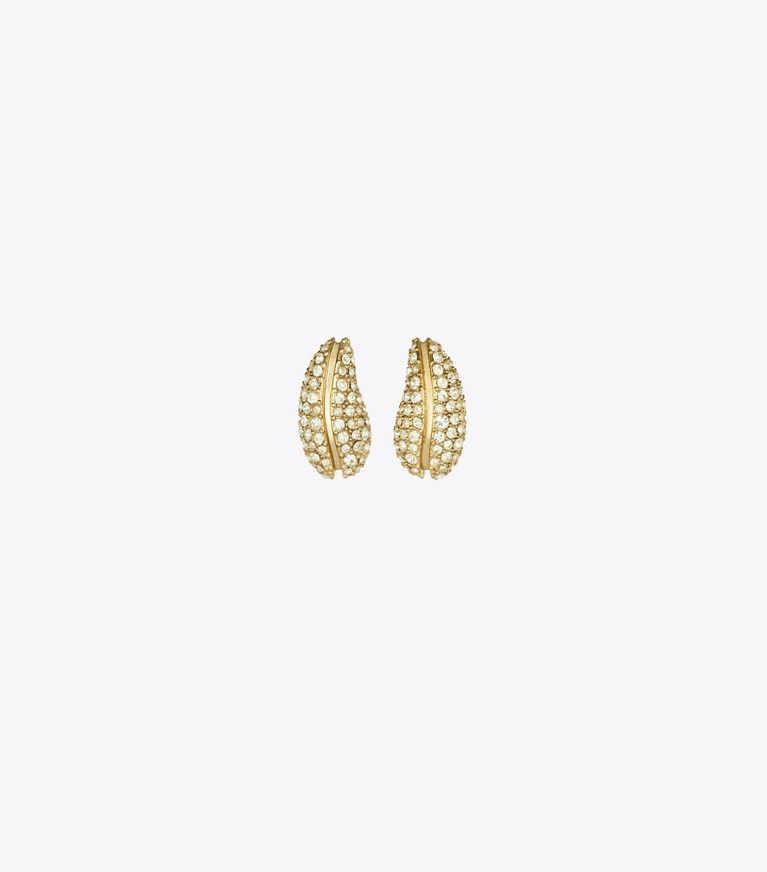 Tory Burch designer earrings Mini Pavé Wave Earrings in Light Brass / Crystal front
