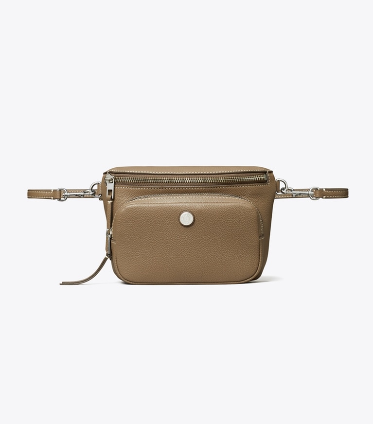 Tory Burch designer belt bags Mini Pebbled Belt Bag in Wild Mushroom angle