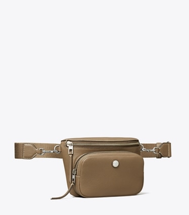 Tory Burch designer belt bags Mini Pebbled Belt Bag in Wild Mushroom angle