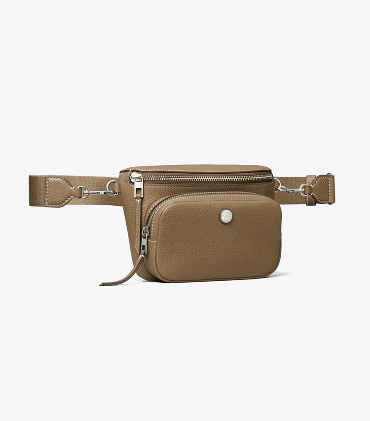 Tory Burch designer belt bags Mini Pebbled Belt Bag in Wild Mushroom angle