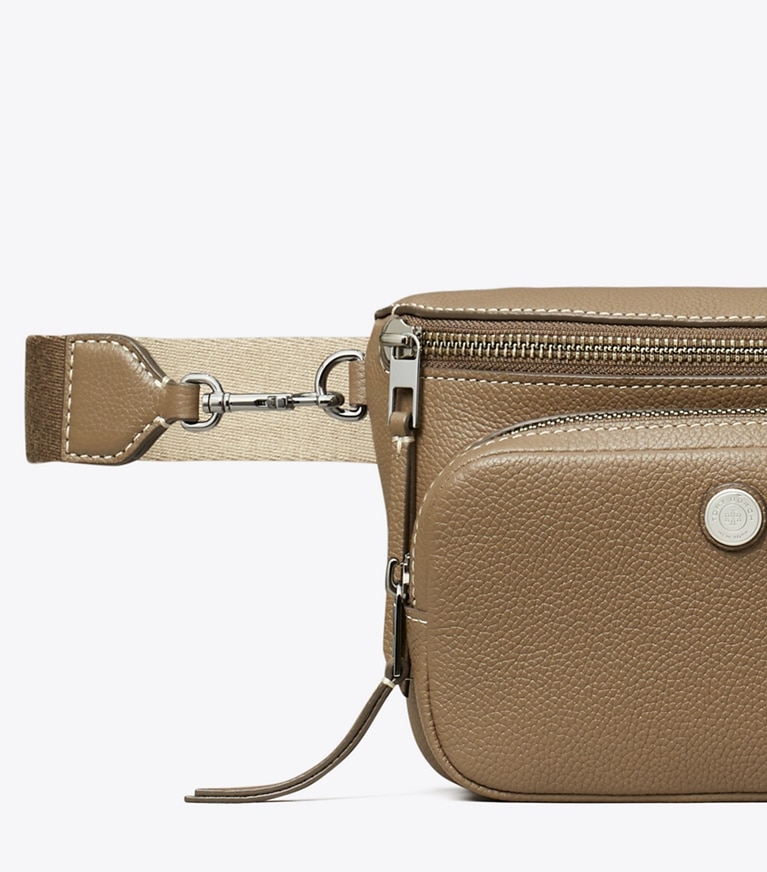Tory Burch designer belt bags Mini Pebbled Belt Bag in Wild Mushroom angle
