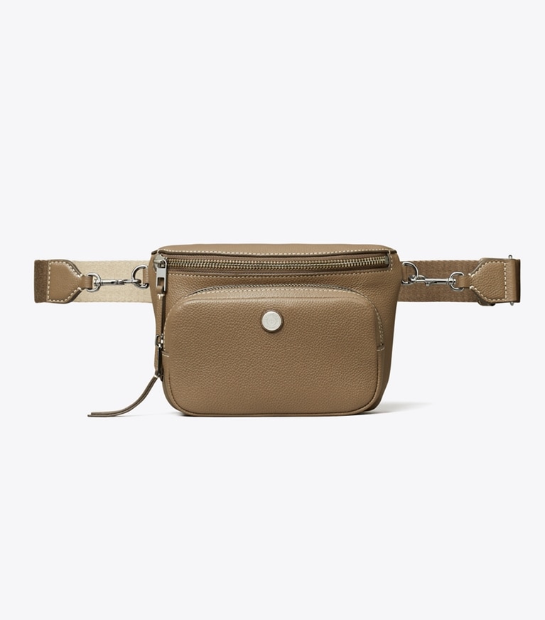 Tory Burch designer belt bags Mini Pebbled Belt Bag in Wild Mushroom angle