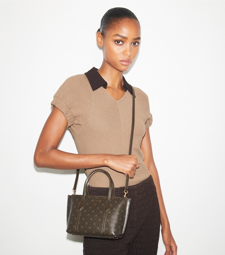 Tory Burch designer crossbody bags Mini Perry Coated Canvas Tote in French Press accessory on model