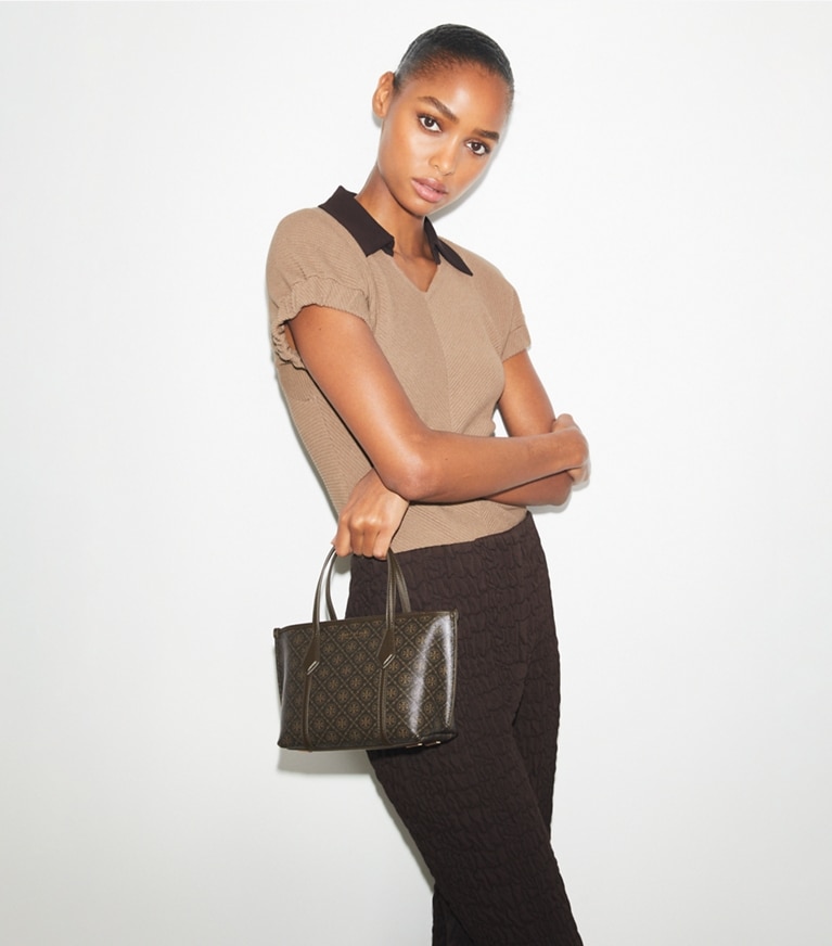 Tory Burch designer crossbody bags Mini Perry Coated Canvas Tote in French Press angle