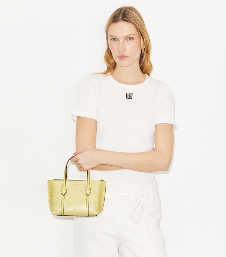 Tory Burch designer crossbody bags Mini Perry Embossed Tote in Yellow Sky additional on model