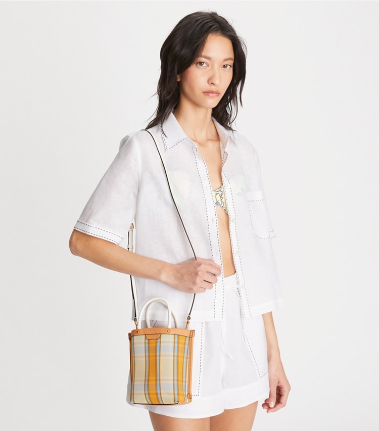 Tory Burch designer crossbody bags Mini Perry Mesh Tote in Ciel accessory on model
