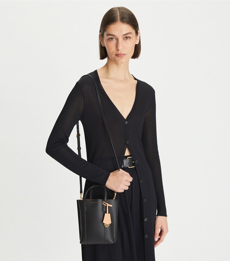 Tory Burch designer crossbody bags Mini Perry Tote in Black accessory on model
