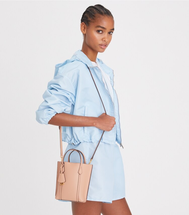 Tory Burch designer crossbody bags Mini Perry Tote in Devon Sand accessory on model