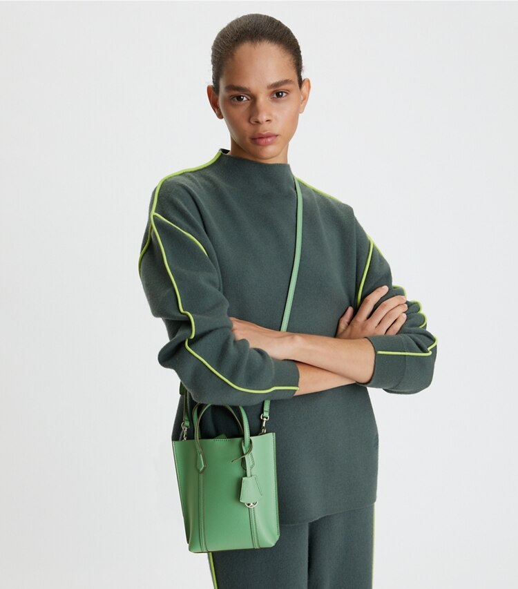 Tory Burch designer crossbody bags Mini Perry Tote in Patina accessory on model