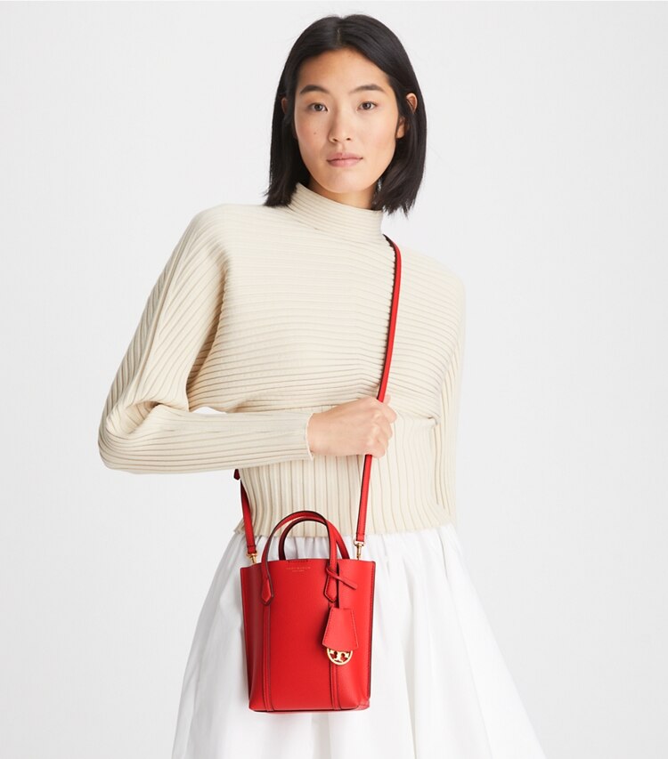 Tory Burch designer crossbody bags Mini Perry Tote in Brilliant Red accessory on model