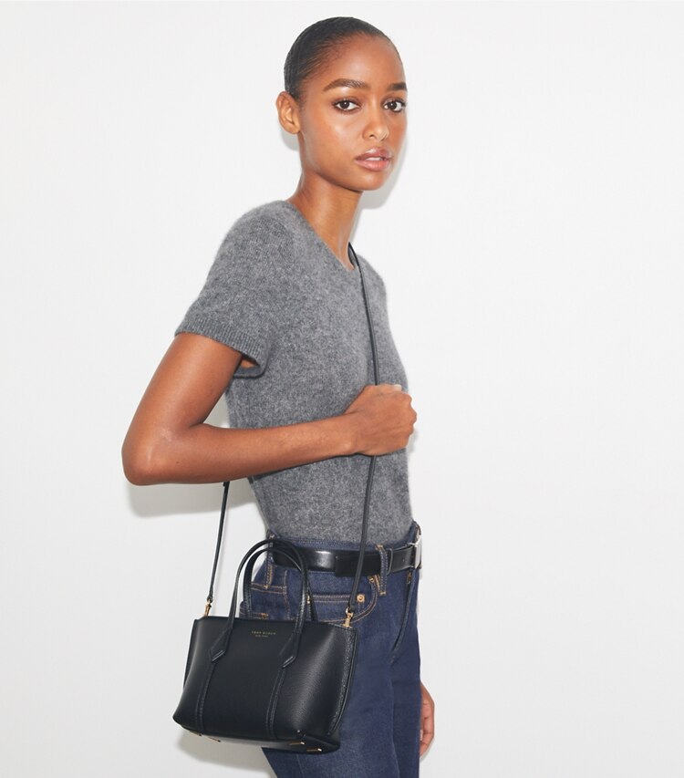 Tory Burch designer crossbody bags Mini Perry Tote in Black accessory on model