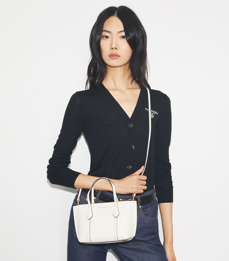Tory Burch designer crossbody bags Mini Perry Tote in Warm White accessory on model