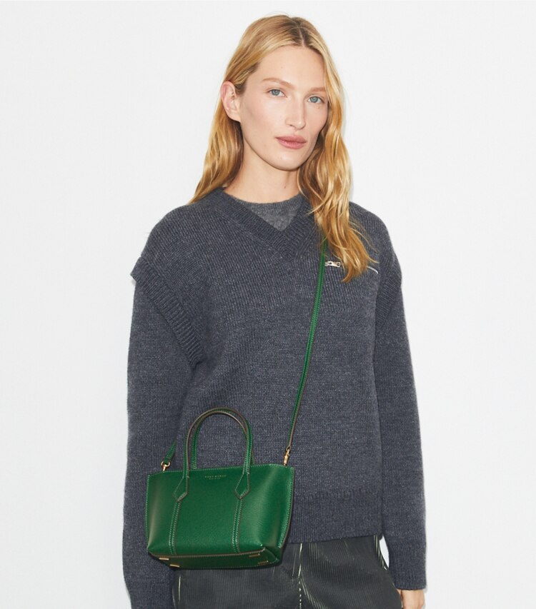 Tory Burch designer crossbody bags Mini Perry Tote in Dark Kale accessory on model