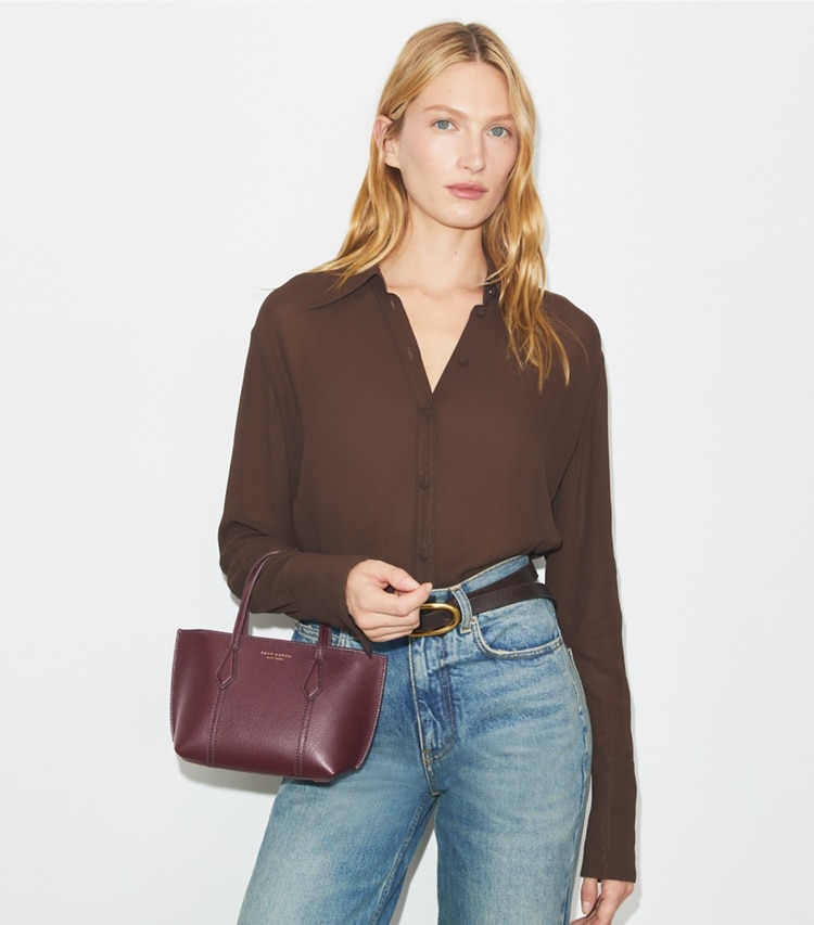 Tory Burch designer crossbody bags Mini Perry Tote in Beetle Berry additional on model